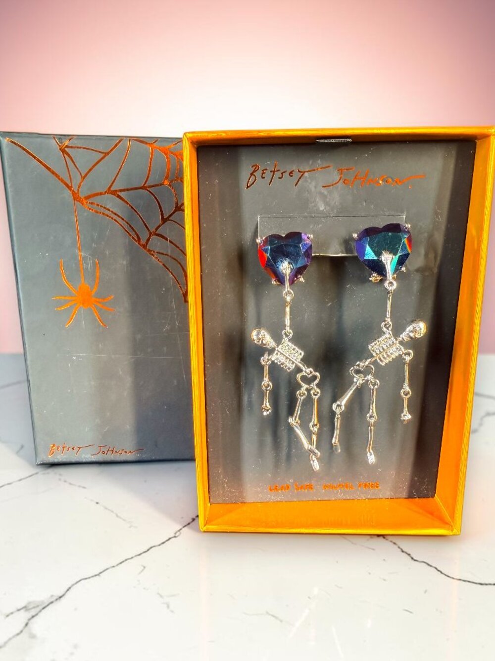 Betsey Johnson Faux Stone Heart Skeleton Dangle Earrings - New in Box